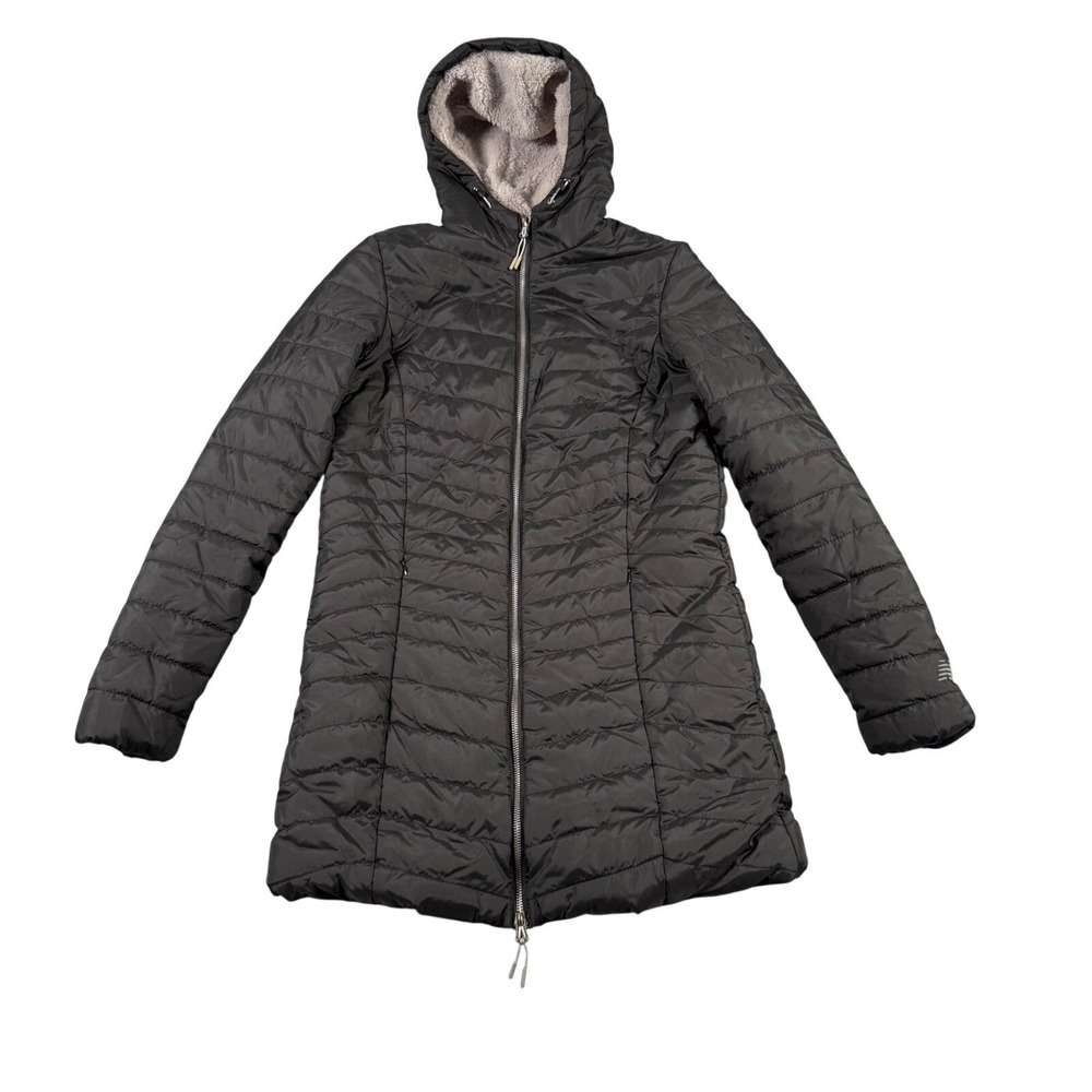 New Balance Womens Black Quilted Puffer Jacket Sherpa Lined Hooded Parka Small